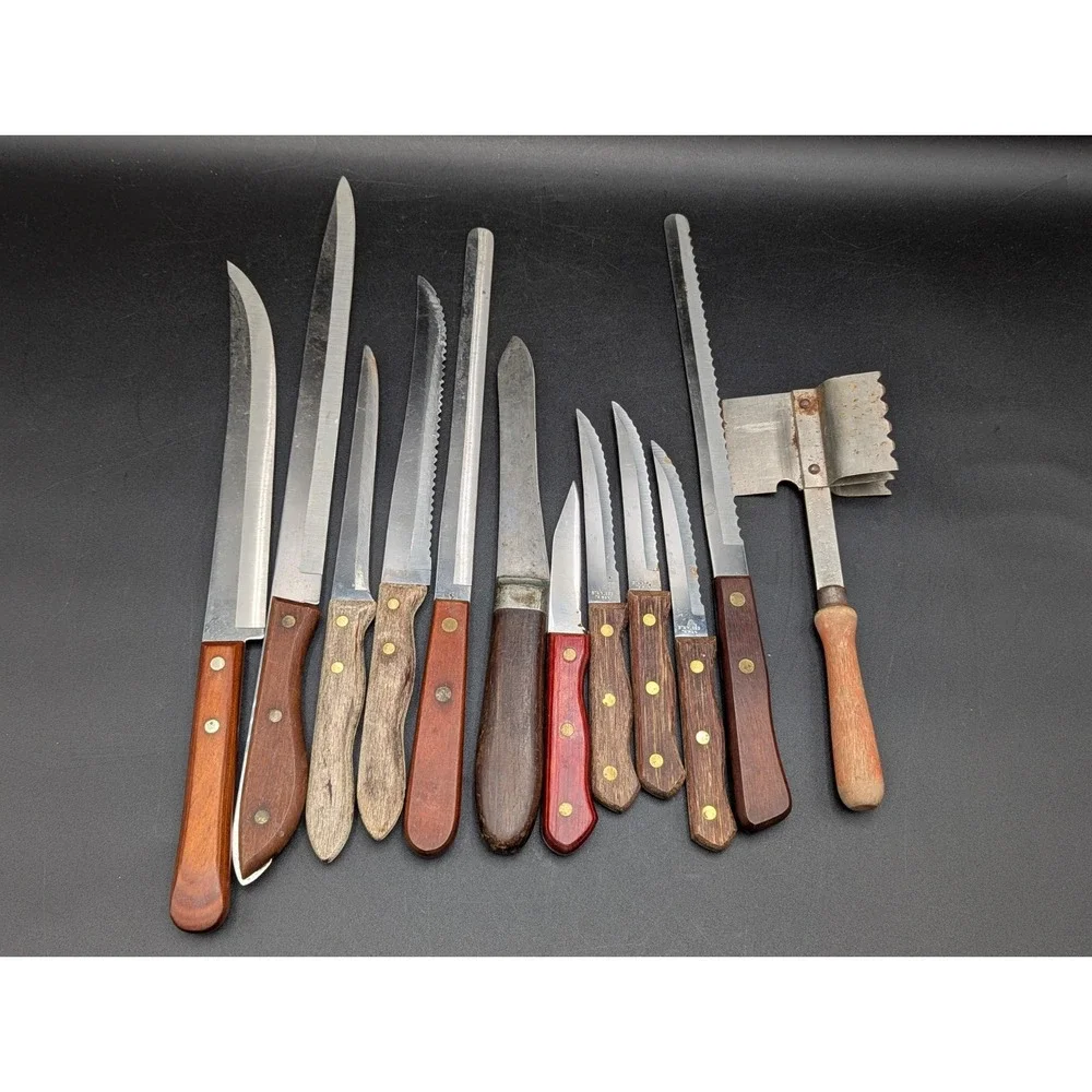 Mix Lot of 12 VTG Knife Knives Wood Handle Brass Rivets USA Chef Butcher Bread
